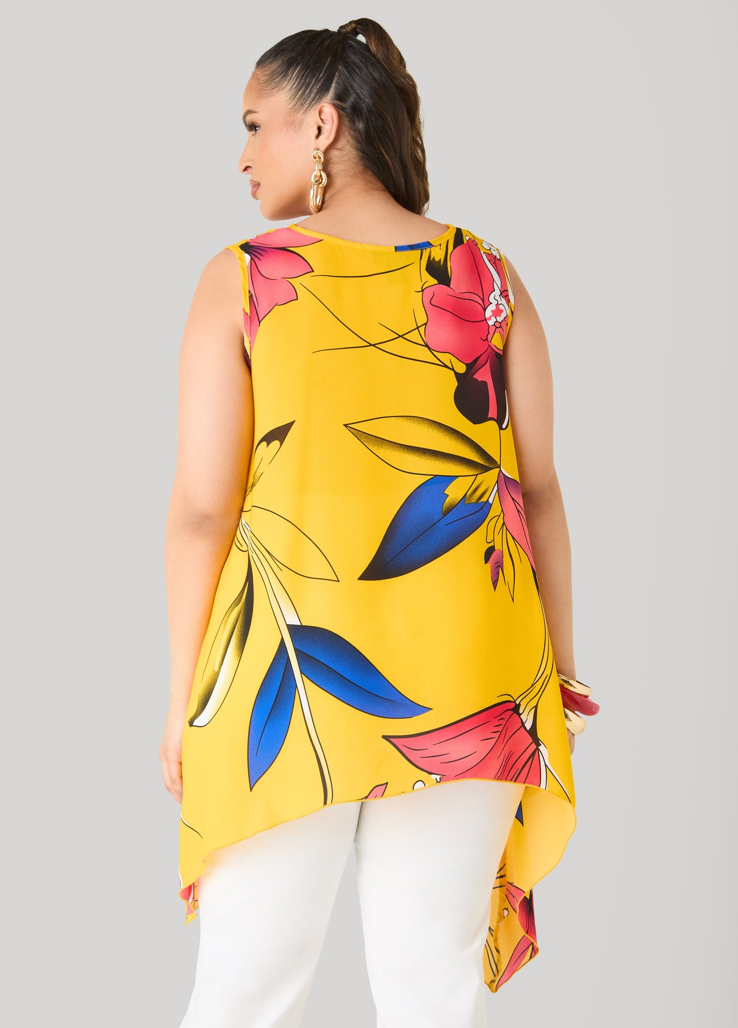 Ashley Stewart Floral Print Handkerchief Top Spectra Yellow