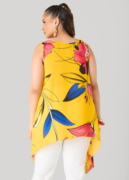 Ashley Stewart Floral Print Handkerchief Top Spectra Yellow