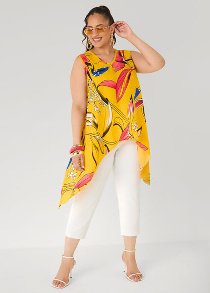 Ashley Stewart Floral Print Handkerchief Top Spectra Yellow