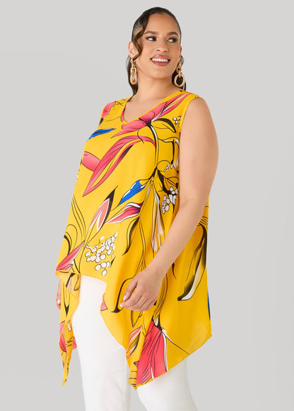 Ashley Stewart Floral Print Handkerchief Top Spectra Yellow