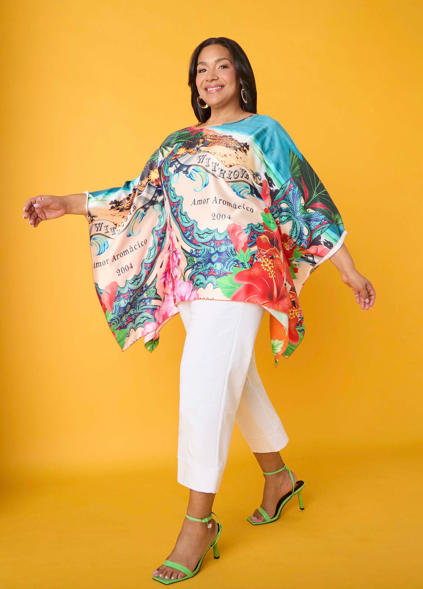 Ashley Stewart Postcard Print Satin Tunic Persimmon Orange