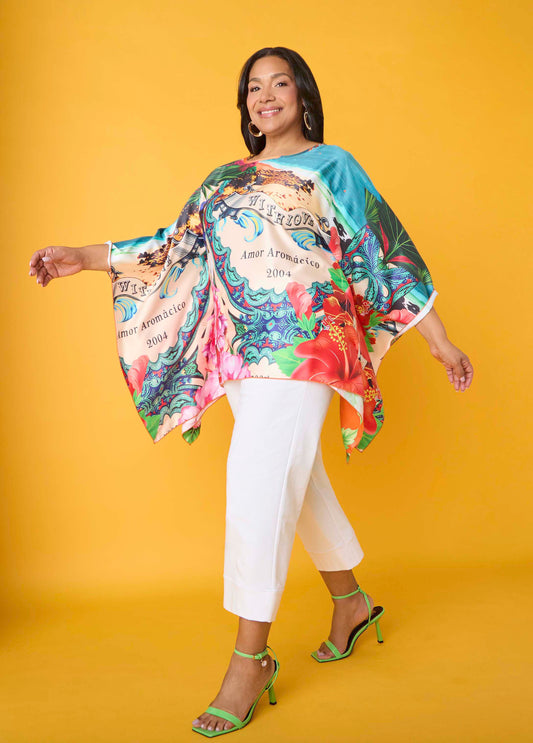 Ashley Stewart Postcard Print Satin Tunic Persimmon Orange