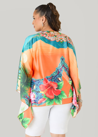 Ashley Stewart Postcard Print Satin Tunic Persimmon Orange