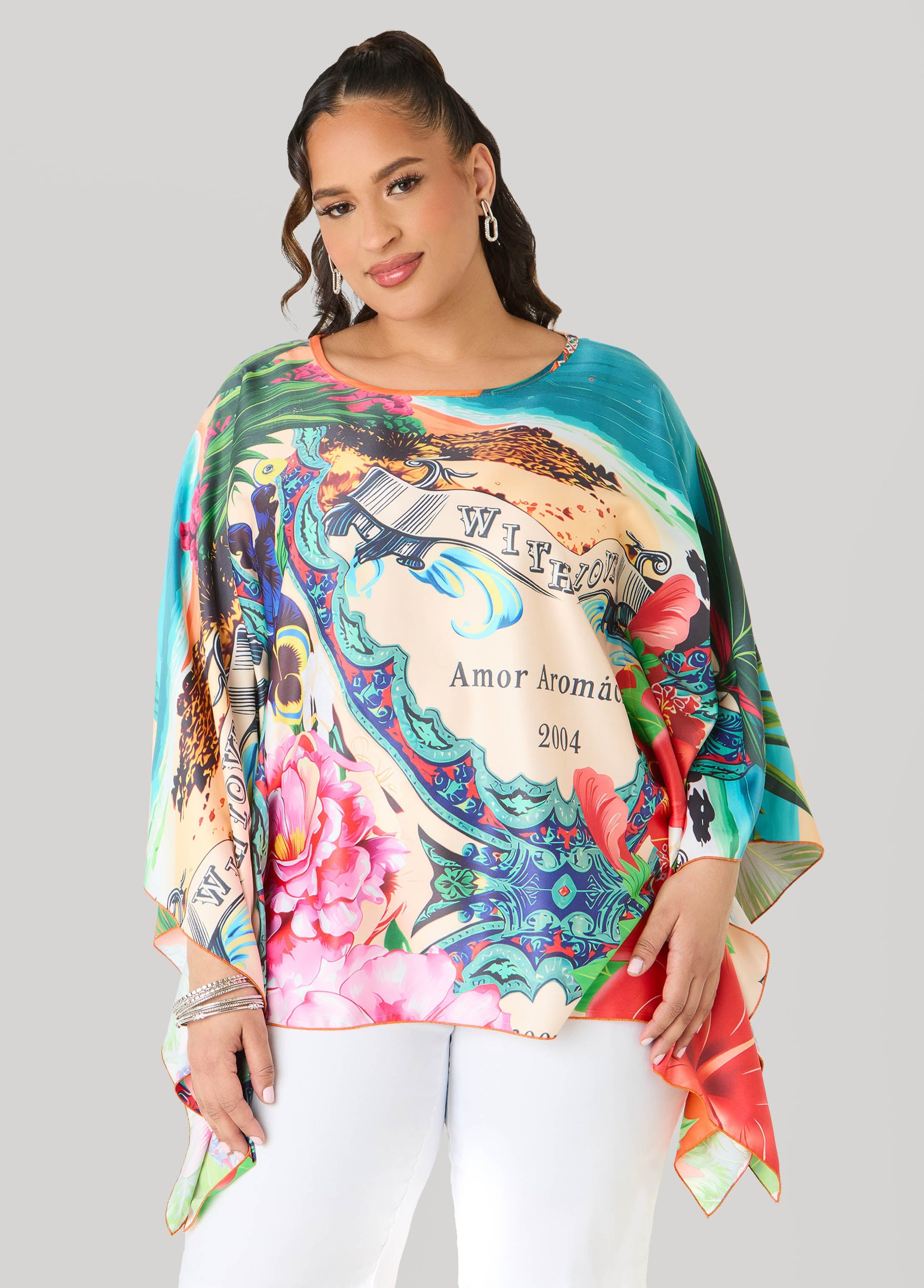 Ashley Stewart Postcard Print Satin Tunic Persimmon Orange