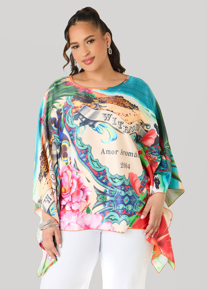 Ashley Stewart Postcard Print Satin Tunic Persimmon Orange