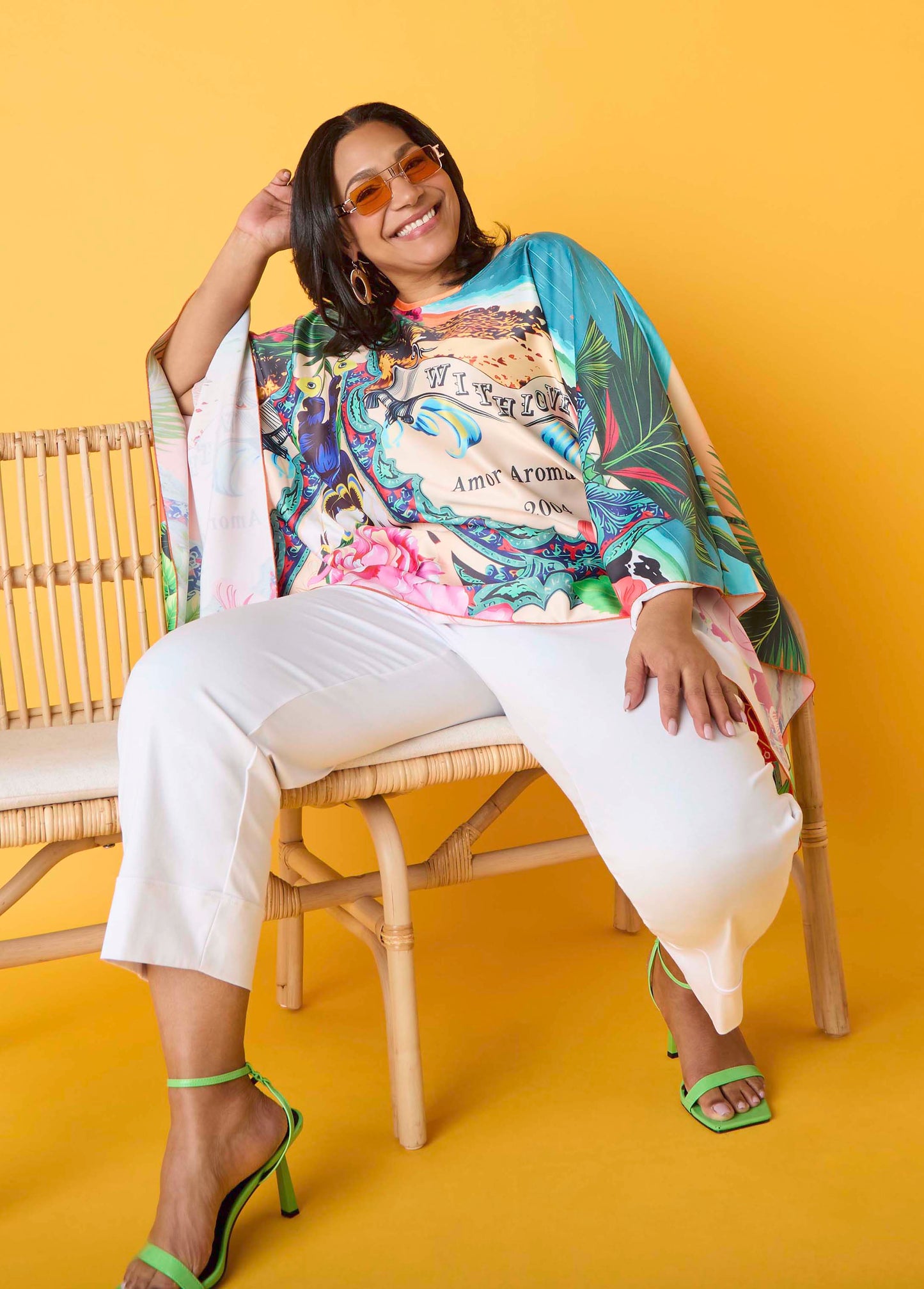 Ashley Stewart Postcard Print Satin Tunic Persimmon Orange
