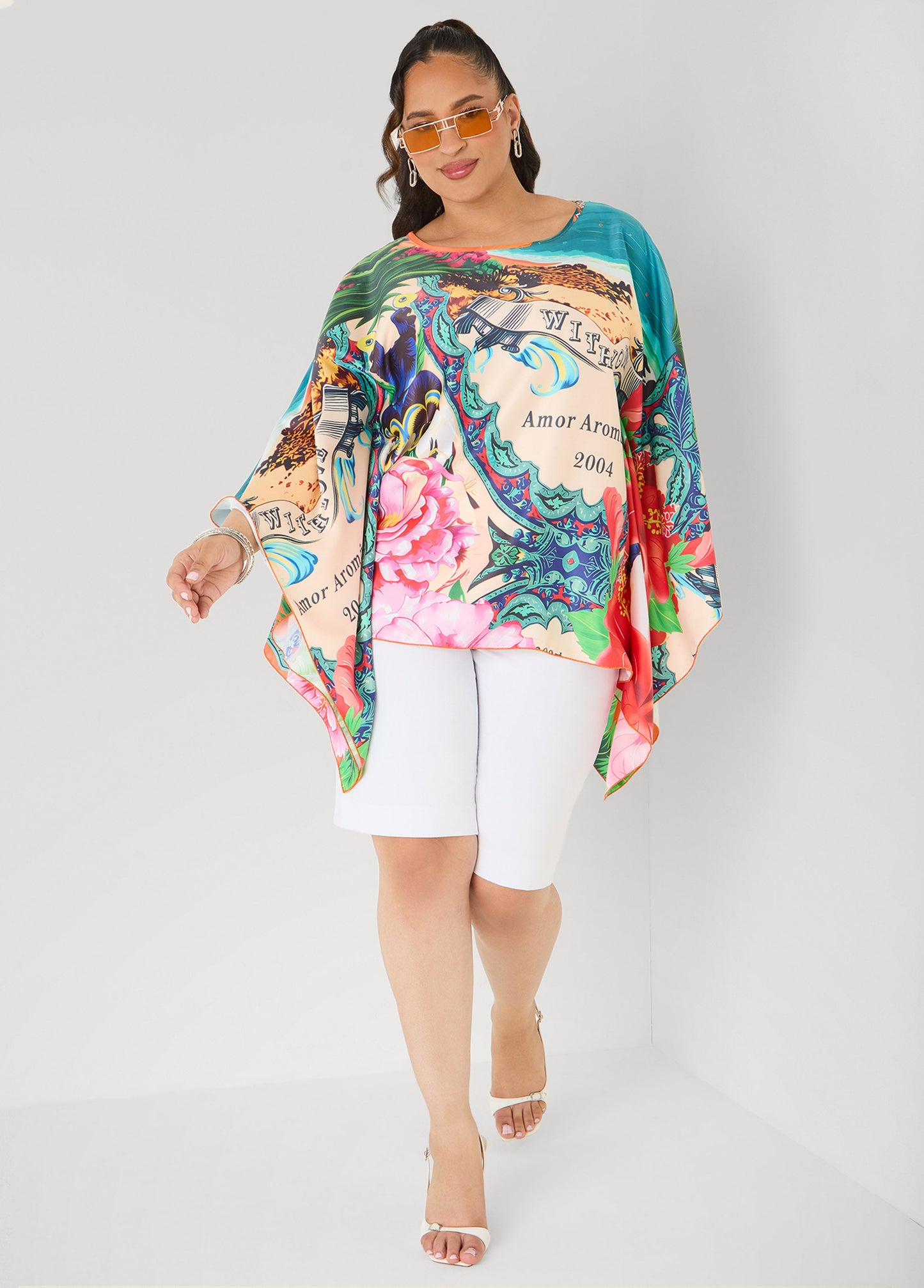 Ashley Stewart Postcard Print Satin Tunic Persimmon Orange
