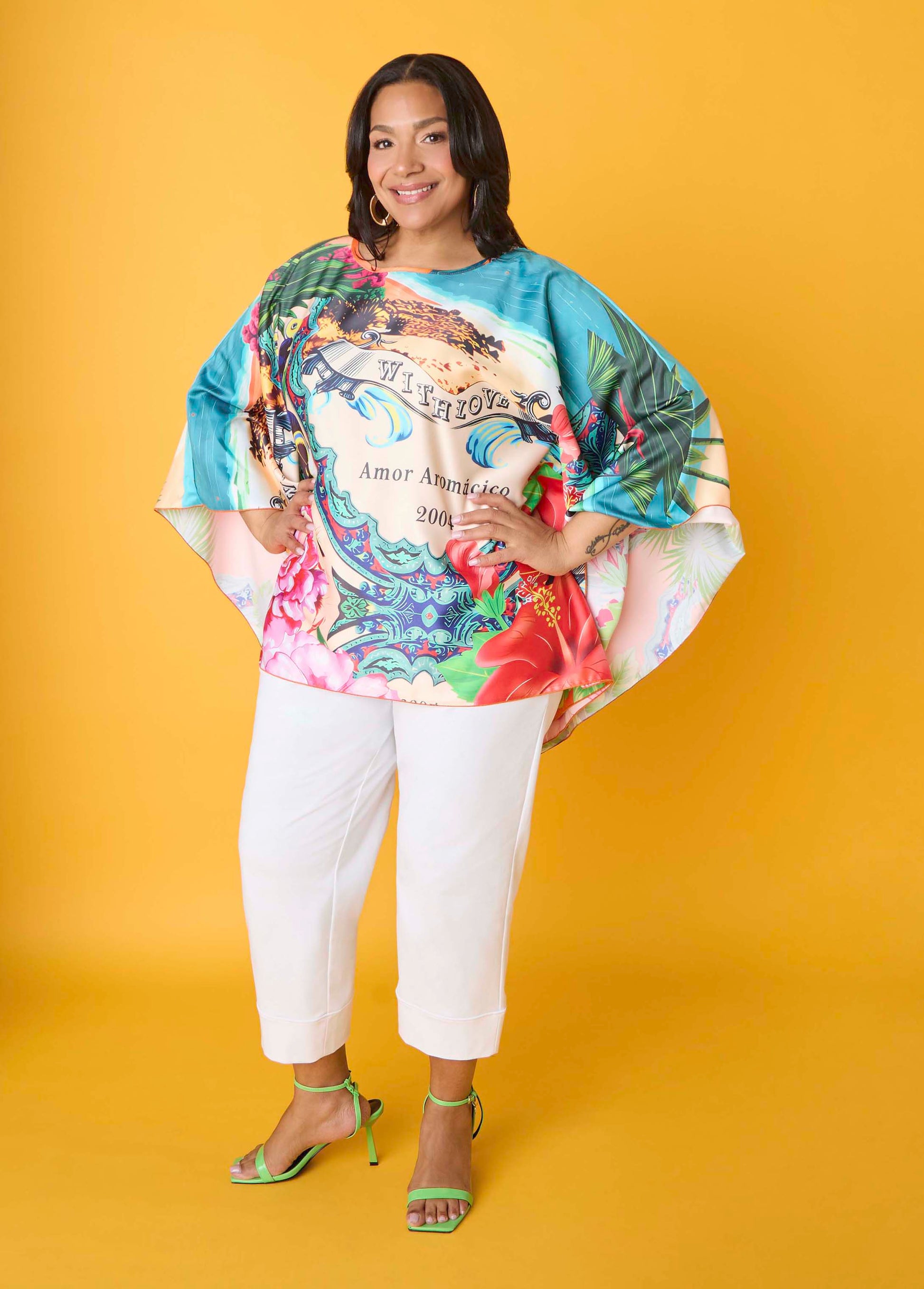 Ashley Stewart Postcard Print Satin Tunic Persimmon Orange