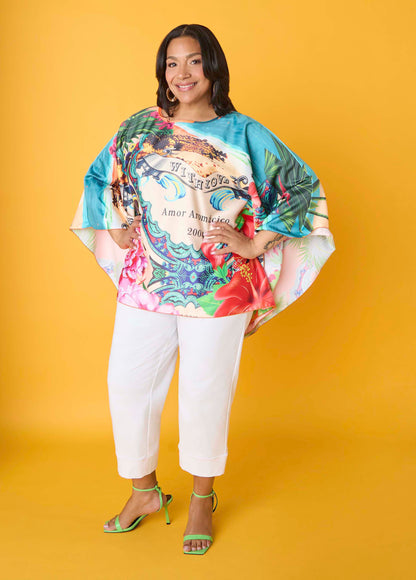 Ashley Stewart Postcard Print Satin Tunic Persimmon Orange
