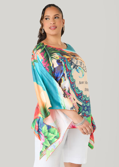 Ashley Stewart Postcard Print Satin Tunic Persimmon Orange