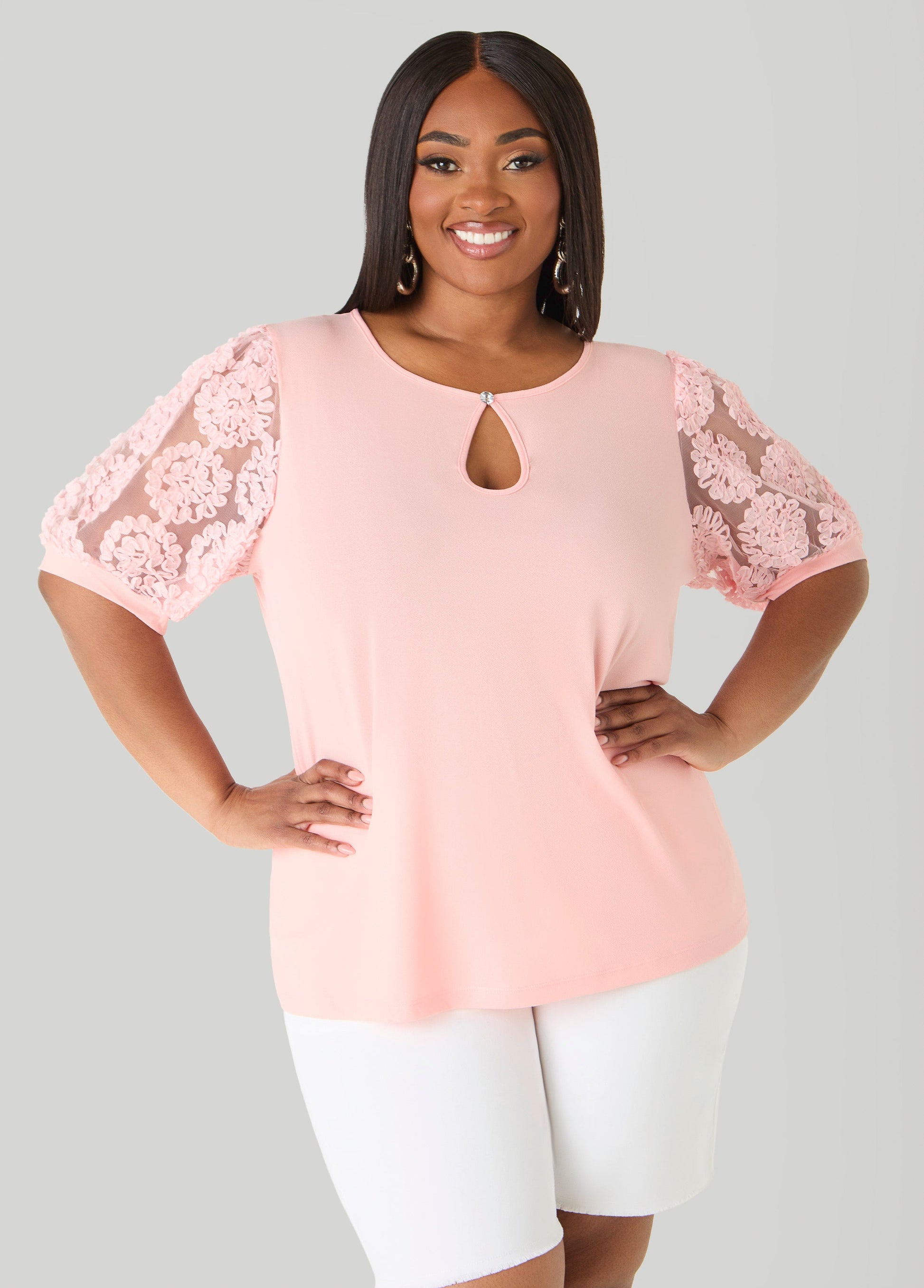 Ashley Stewart Keyhole Mesh Sleeved Top Blush