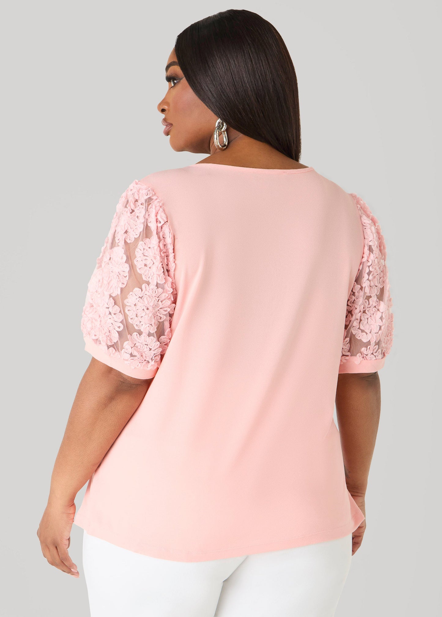 Ashley Stewart Keyhole Mesh Sleeved Top Blush
