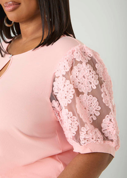 Ashley Stewart Keyhole Mesh Sleeved Top Blush