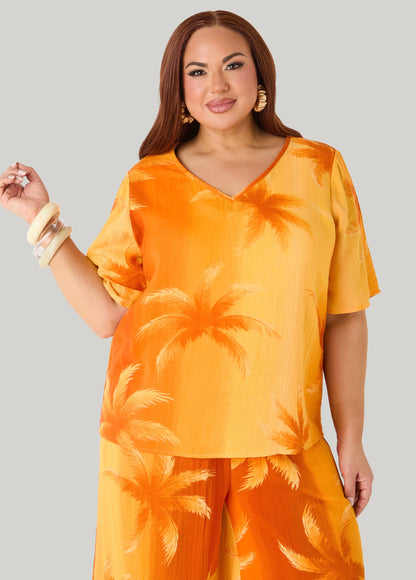 Ashley Stewart Palm Print Cotton Gauze Shirt Persimmon Orange