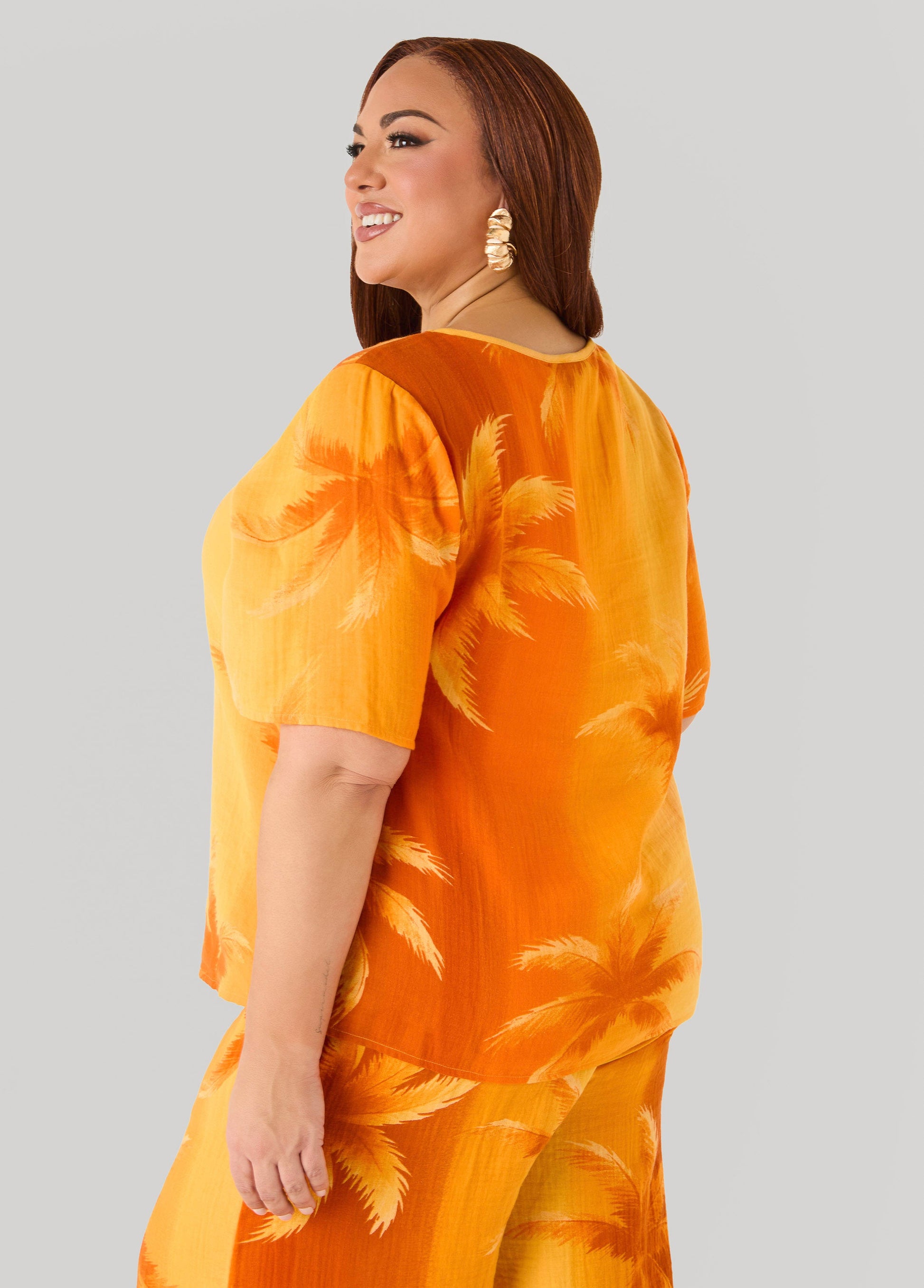 Ashley Stewart Palm Print Cotton Gauze Shirt Persimmon Orange