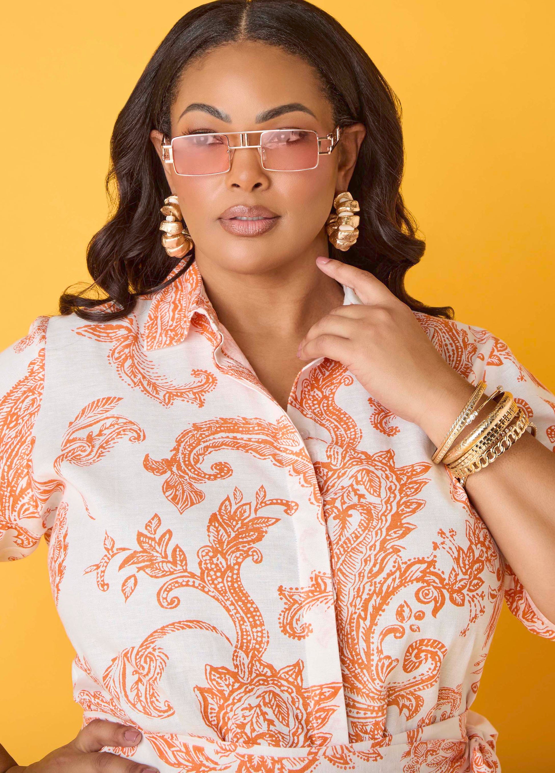 Ashley Stewart Paisley Print Shirt Persimmon Orange