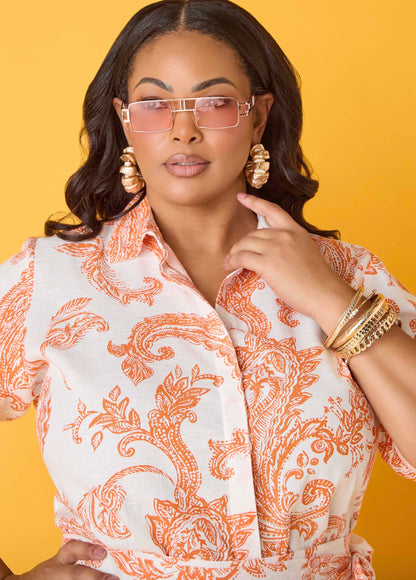 Ashley Stewart Paisley Print Shirt Persimmon Orange