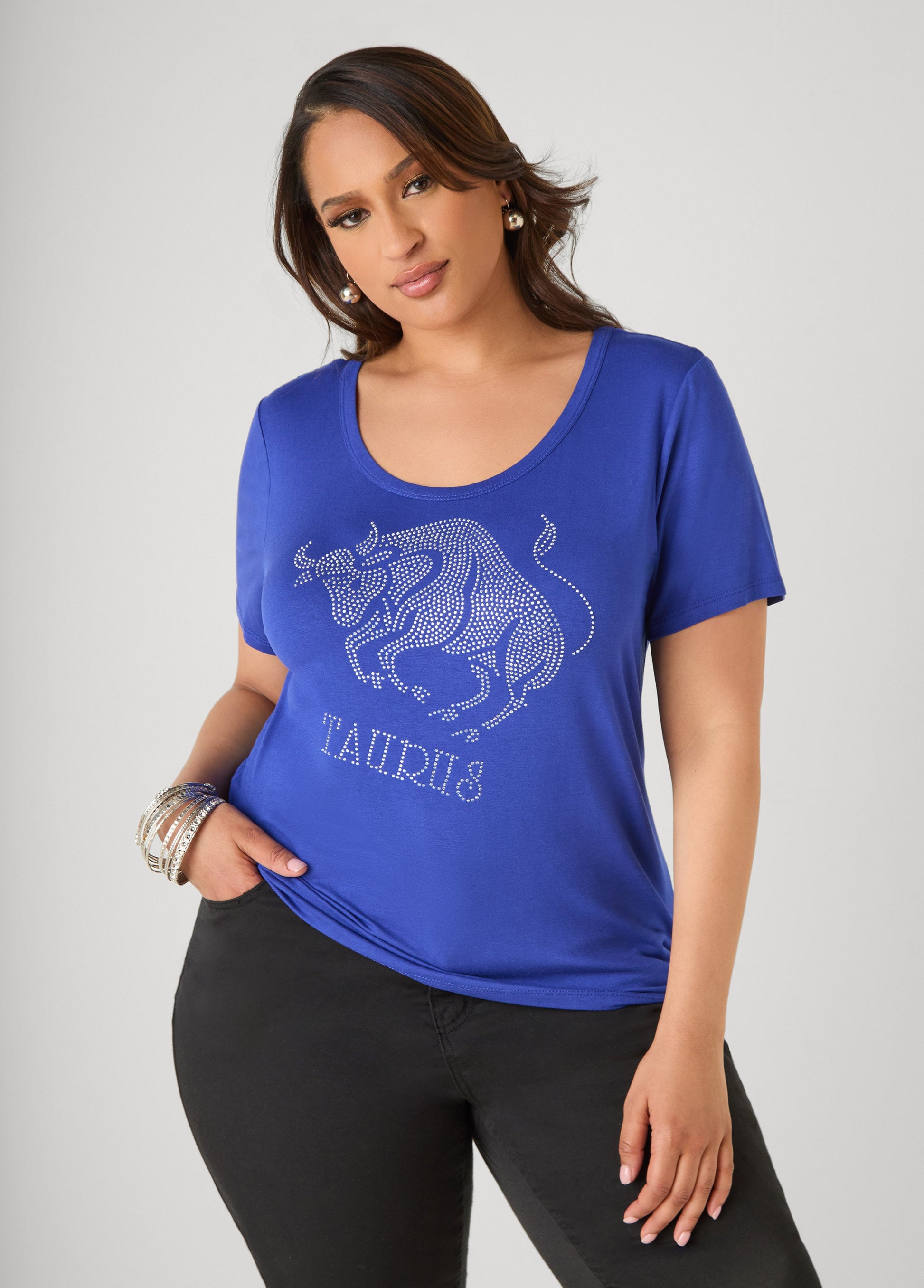 Ashley Stewart Taurus Crystal Tee Royal Blue