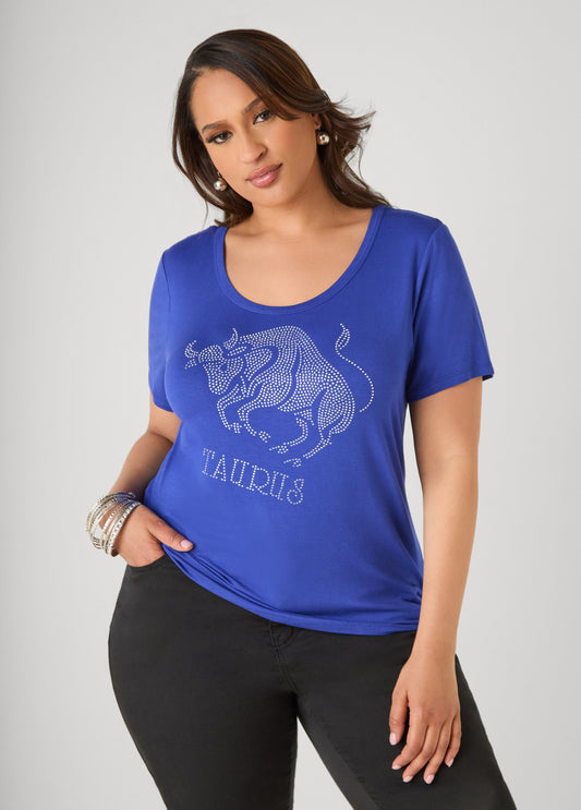 Ashley Stewart Taurus Crystal Tee Royal Blue