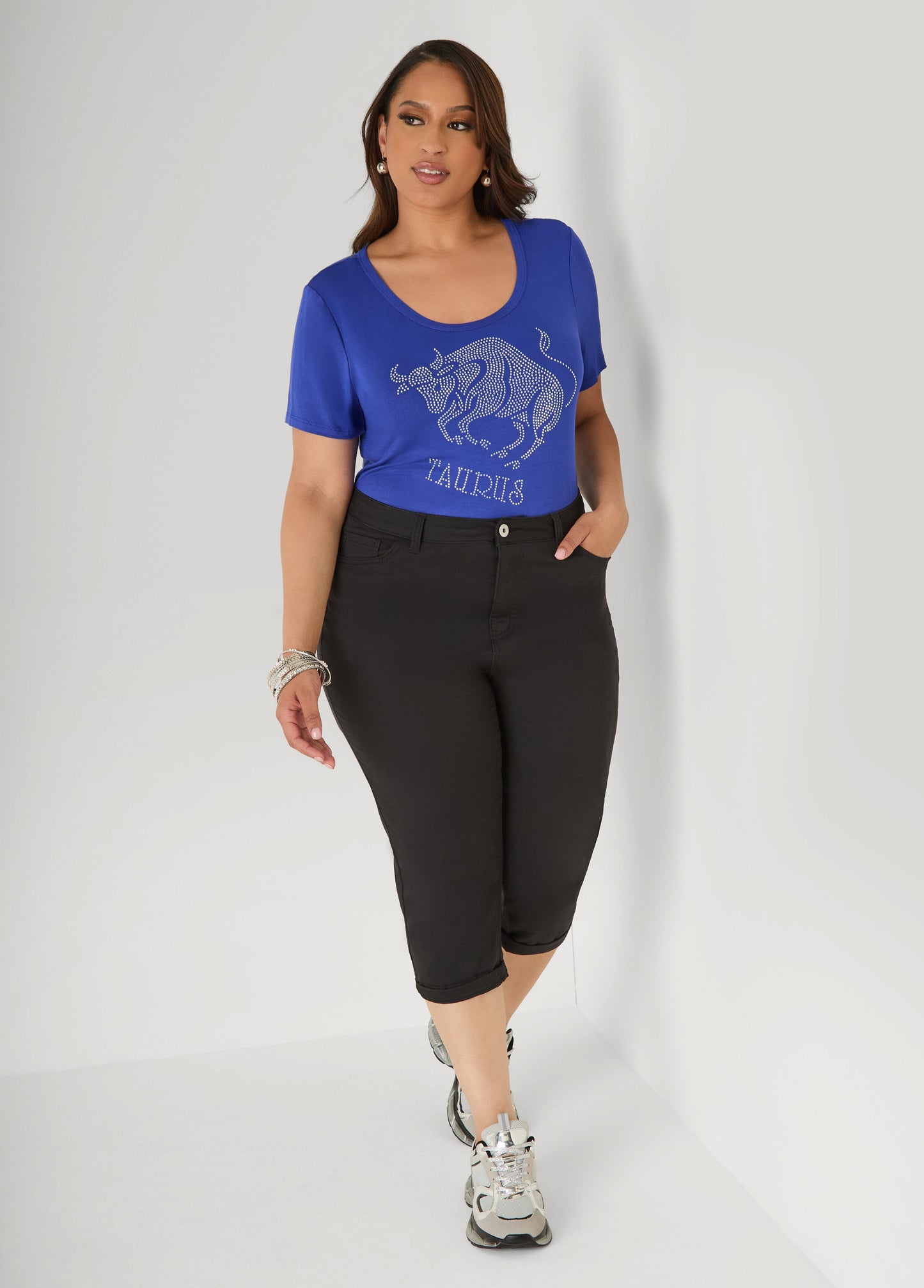 Ashley Stewart Taurus Crystal Tee Royal Blue