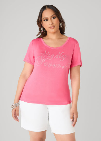 Ashley Stewart Highly Favored Crystal Tee Coral