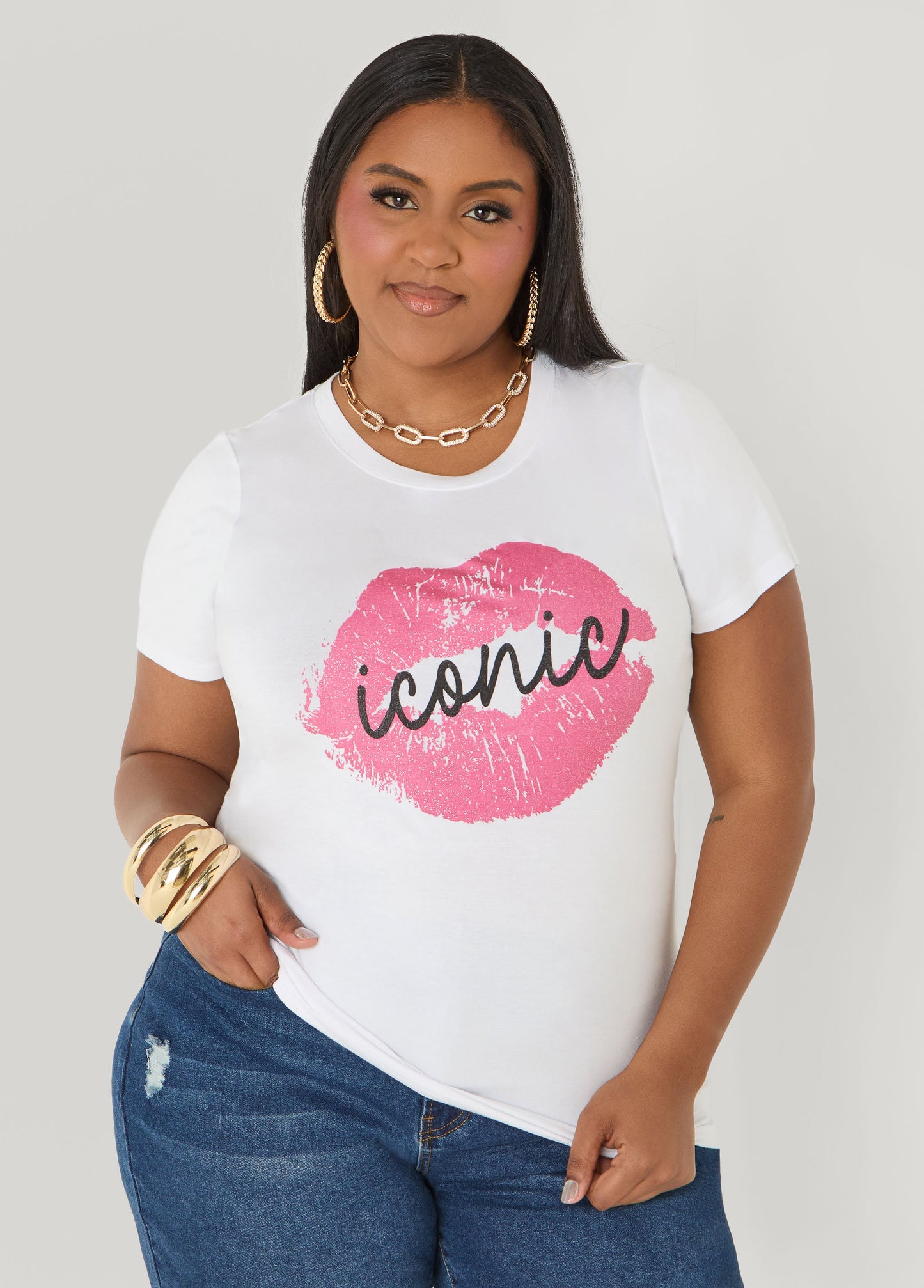 Ashley Stewart Iconic Glittered Graphic Tee White
