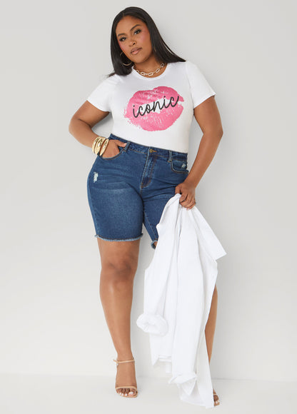 Ashley Stewart Iconic Glittered Graphic Tee White
