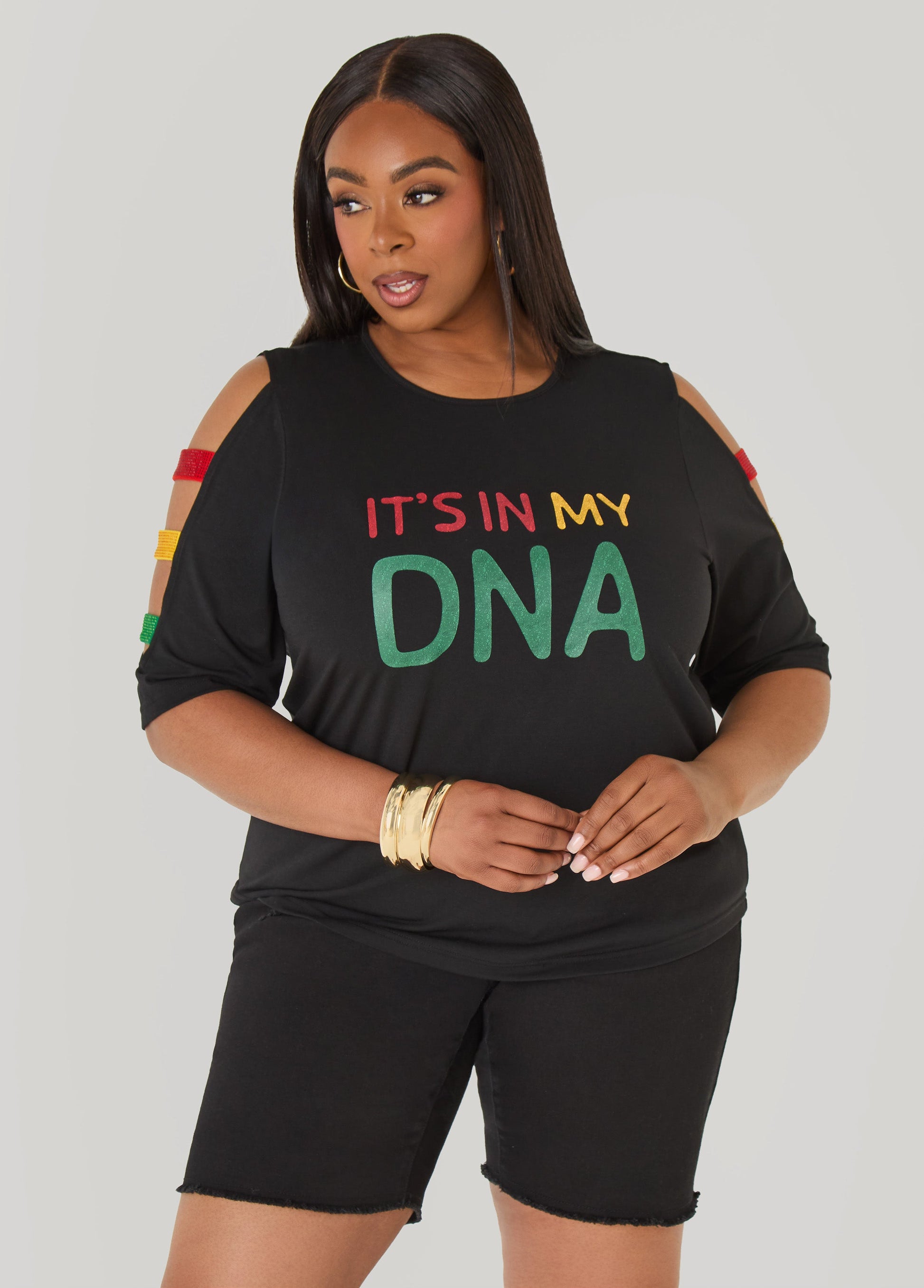 Ashley Stewart Its In My DNA Cutout Graphic Tee Black