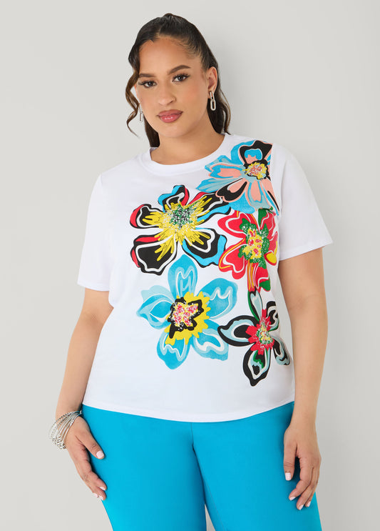 Ashley Stewart Glittered Floral Print Graphic Tee White