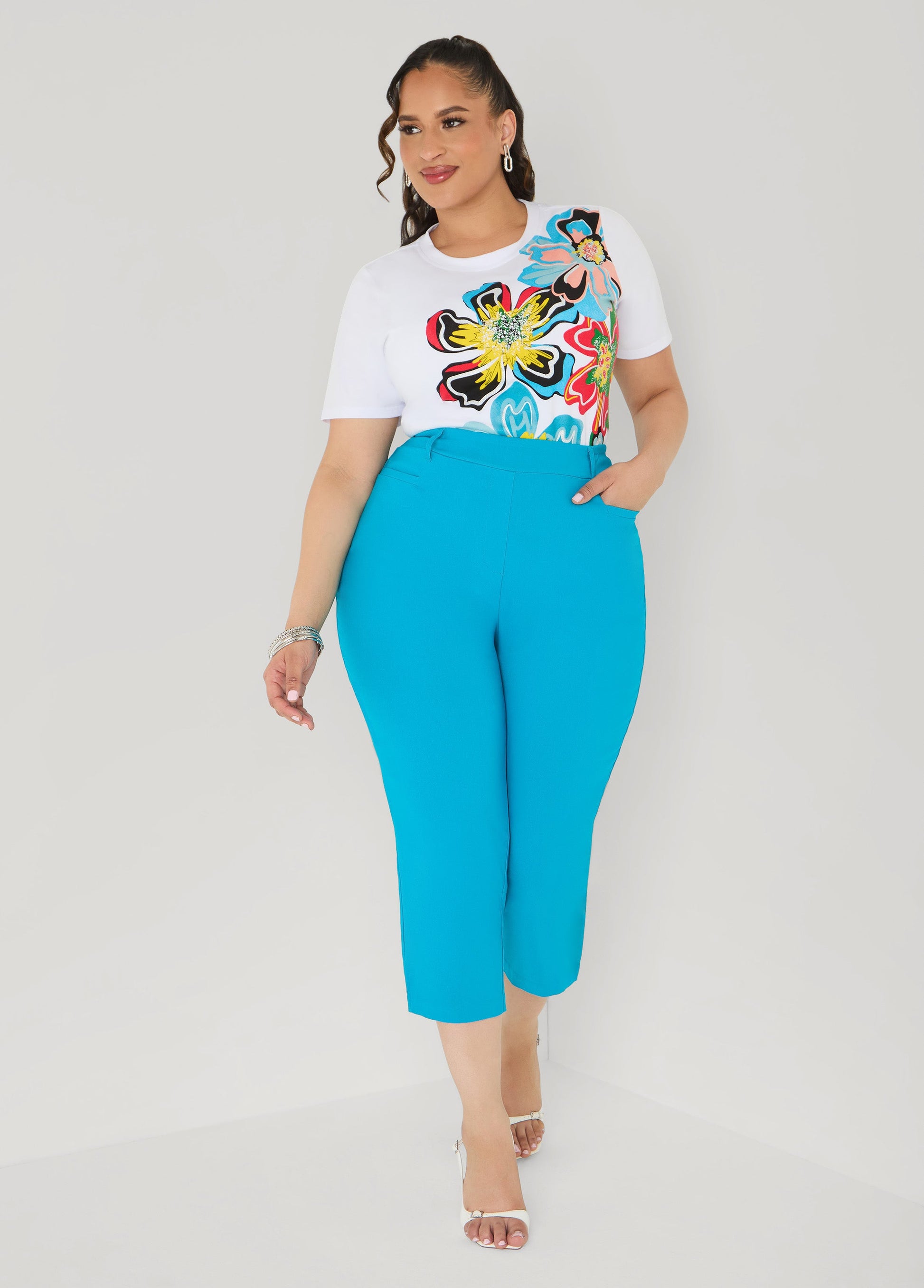 Ashley Stewart Glittered Floral Print Graphic Tee White