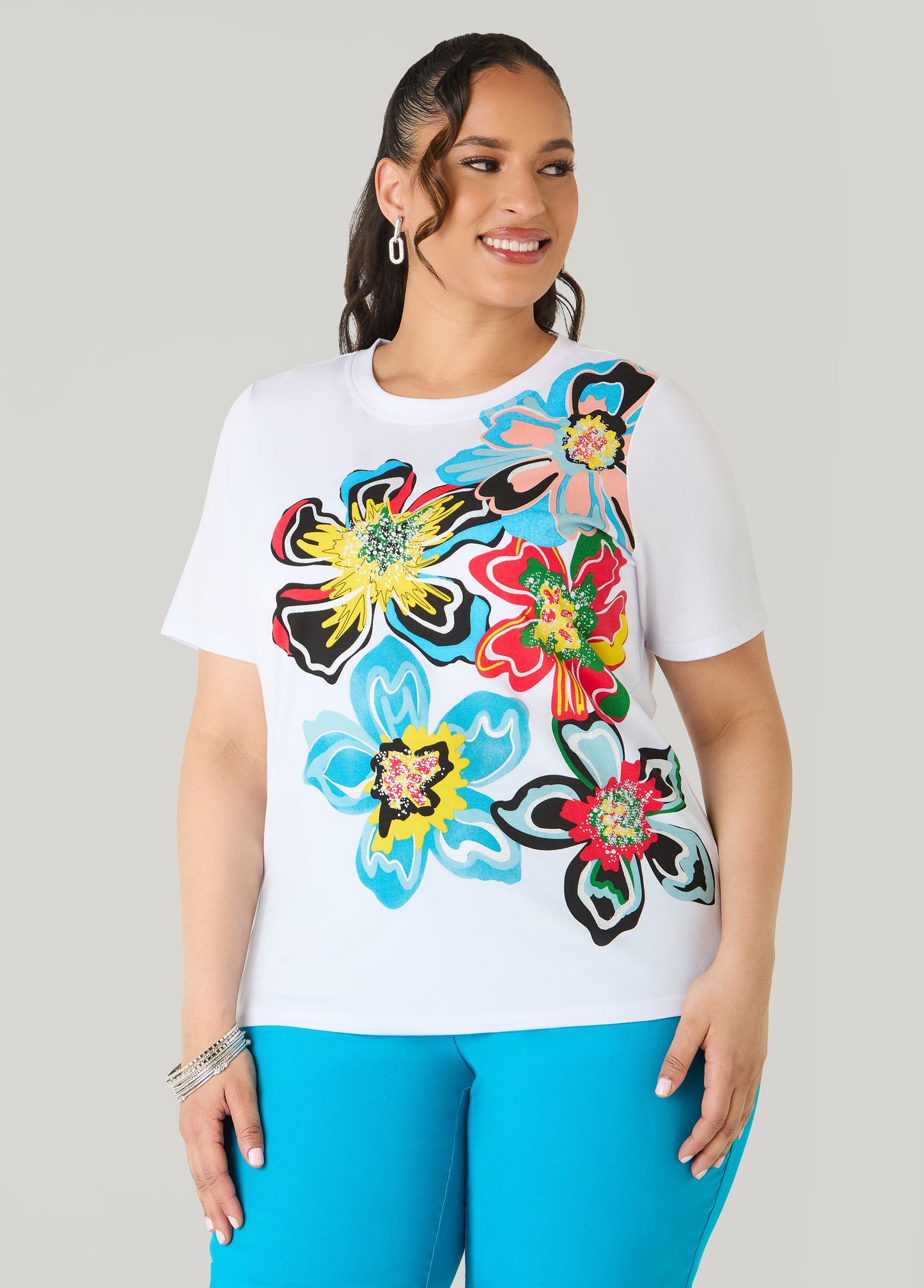 Ashley Stewart Glittered Floral Print Graphic Tee White