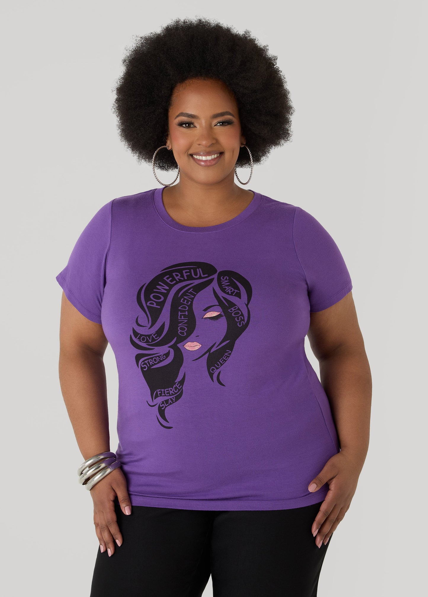 Ashley Stewart Powerful Glittered Graphic Tee Pansy