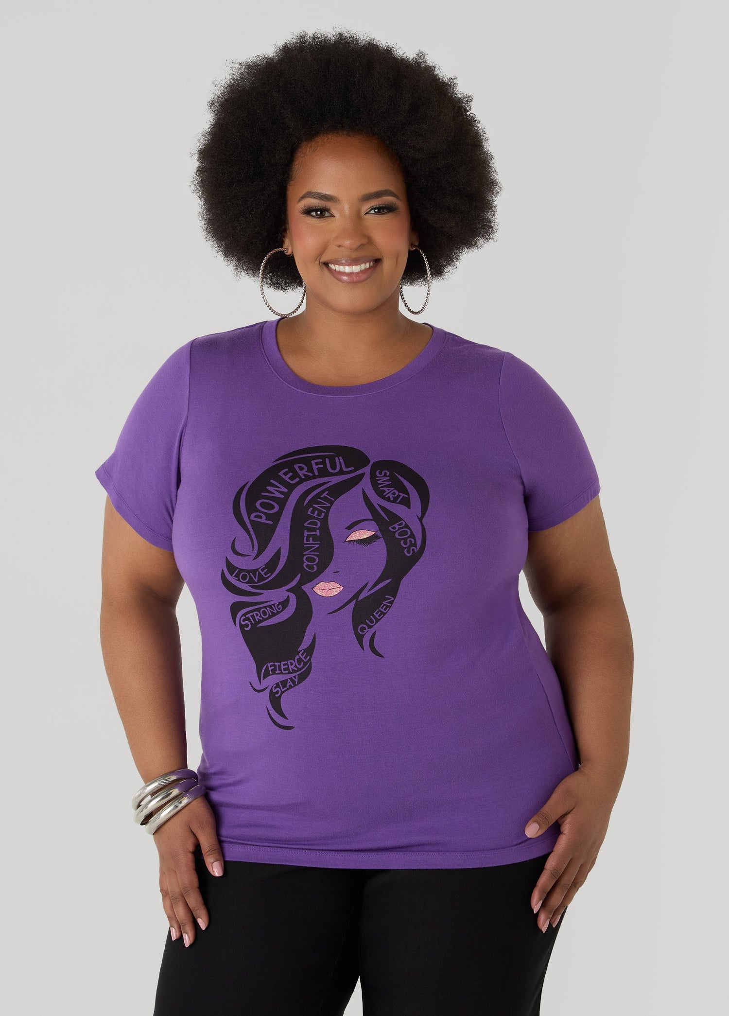 Ashley Stewart Powerful Glittered Graphic Tee Pansy