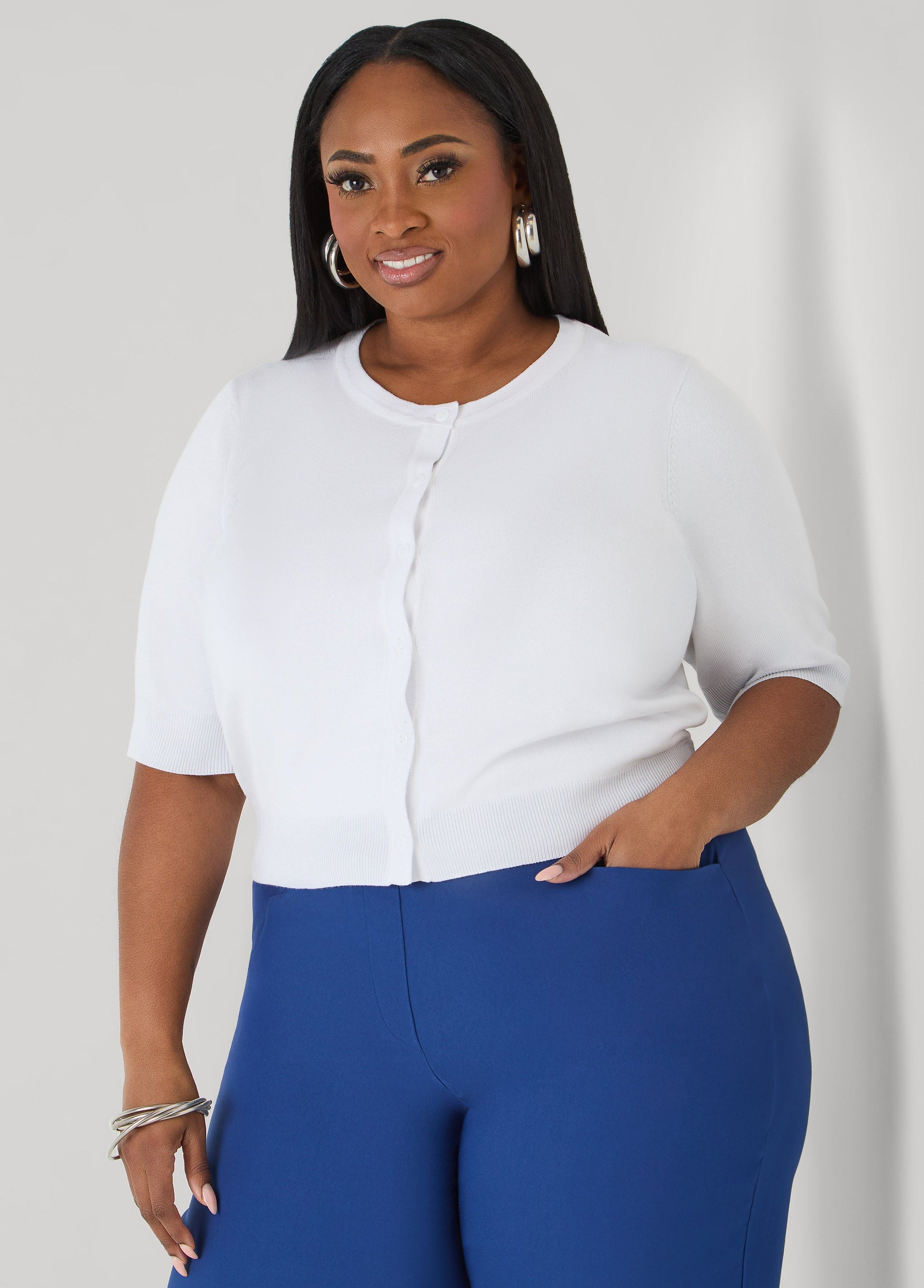 Ashley Stewart Cropped Knit Cardigan White