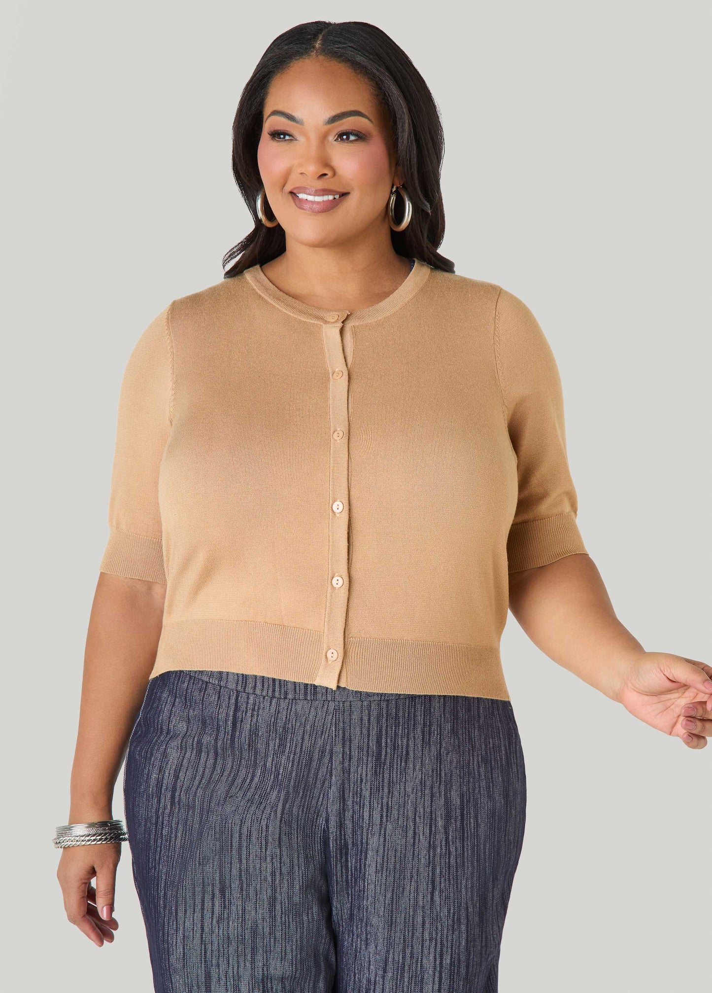Ashley Stewart Cropped Knit Cardigan White