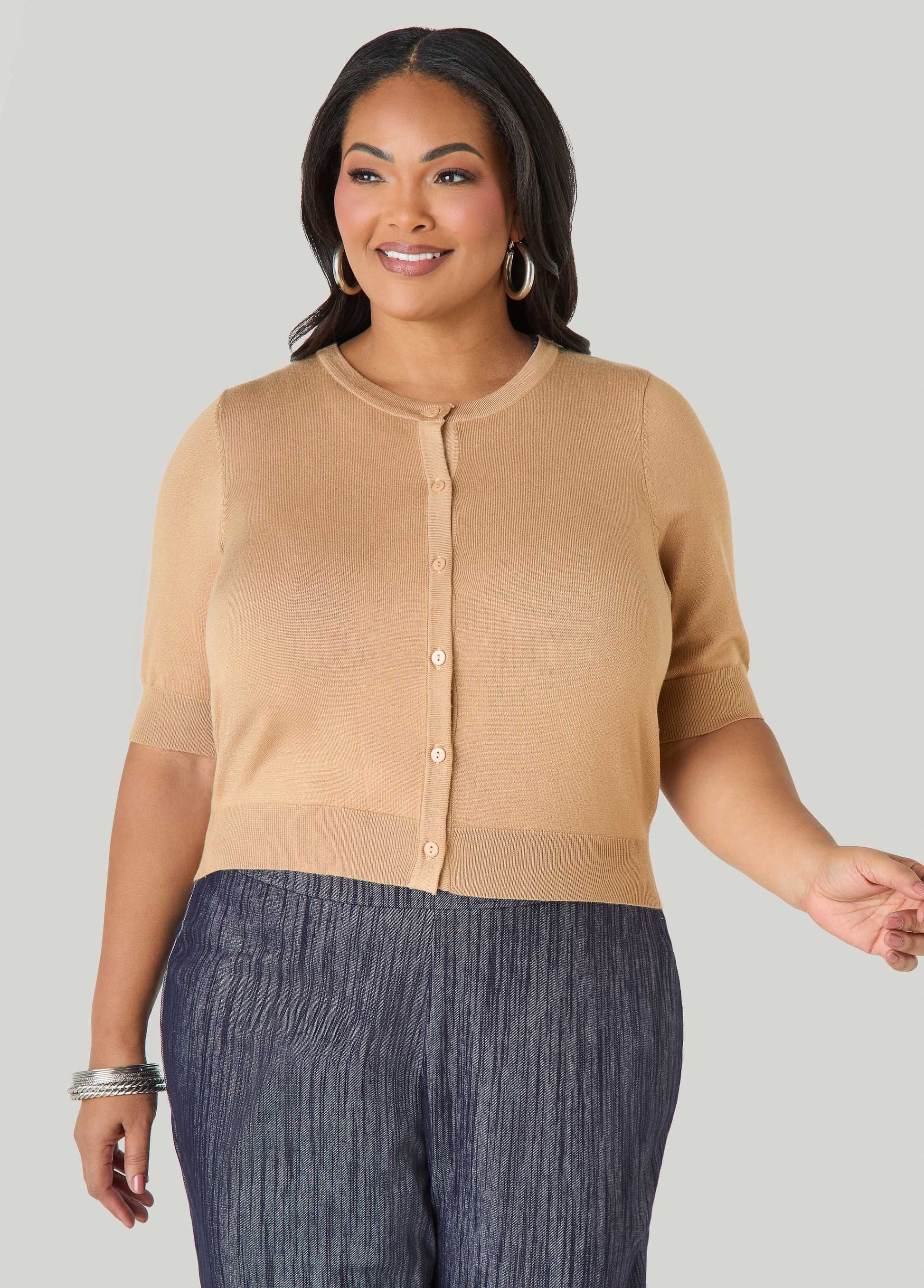 Ashley Stewart Cropped Knit Cardigan White