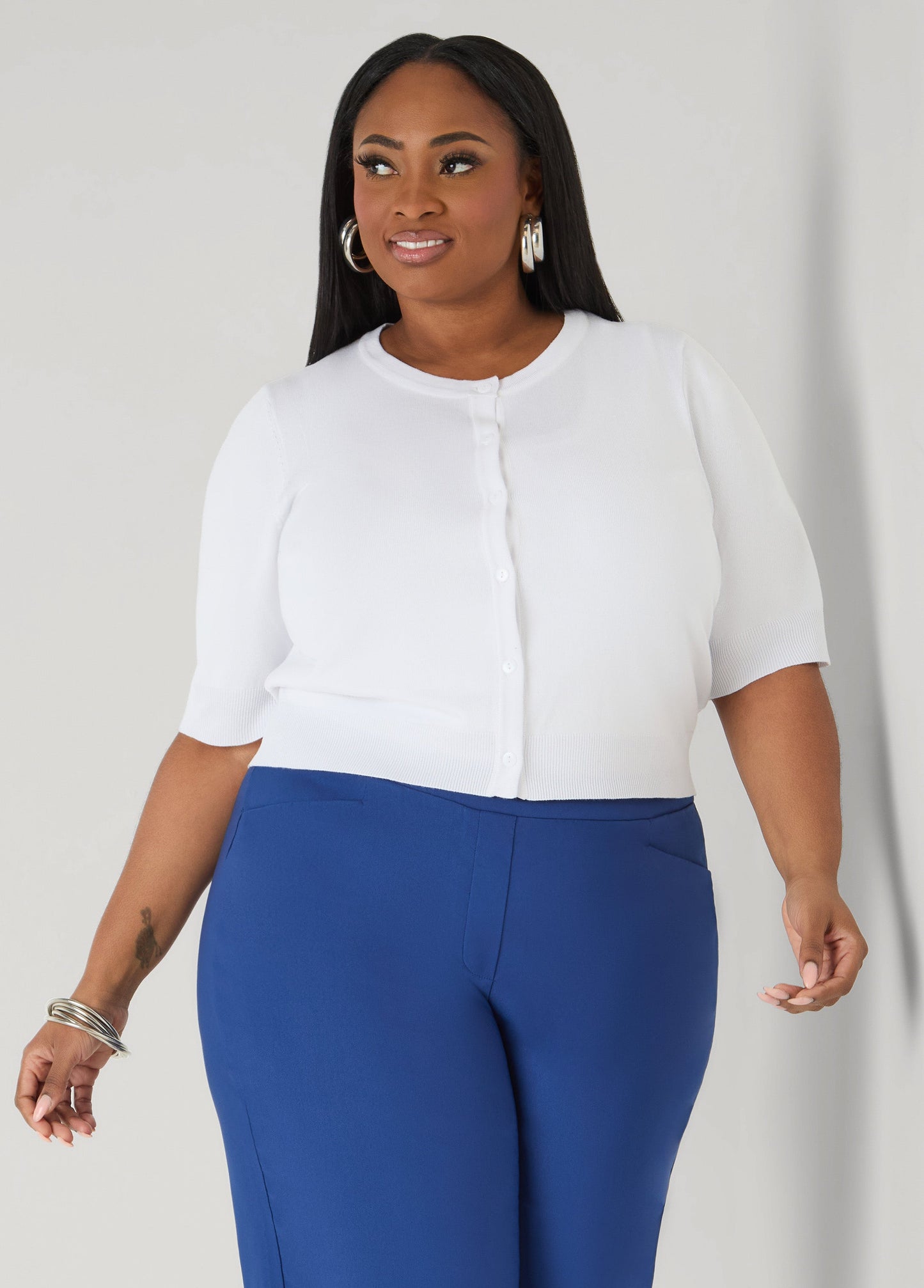Ashley Stewart Cropped Knit Cardigan White