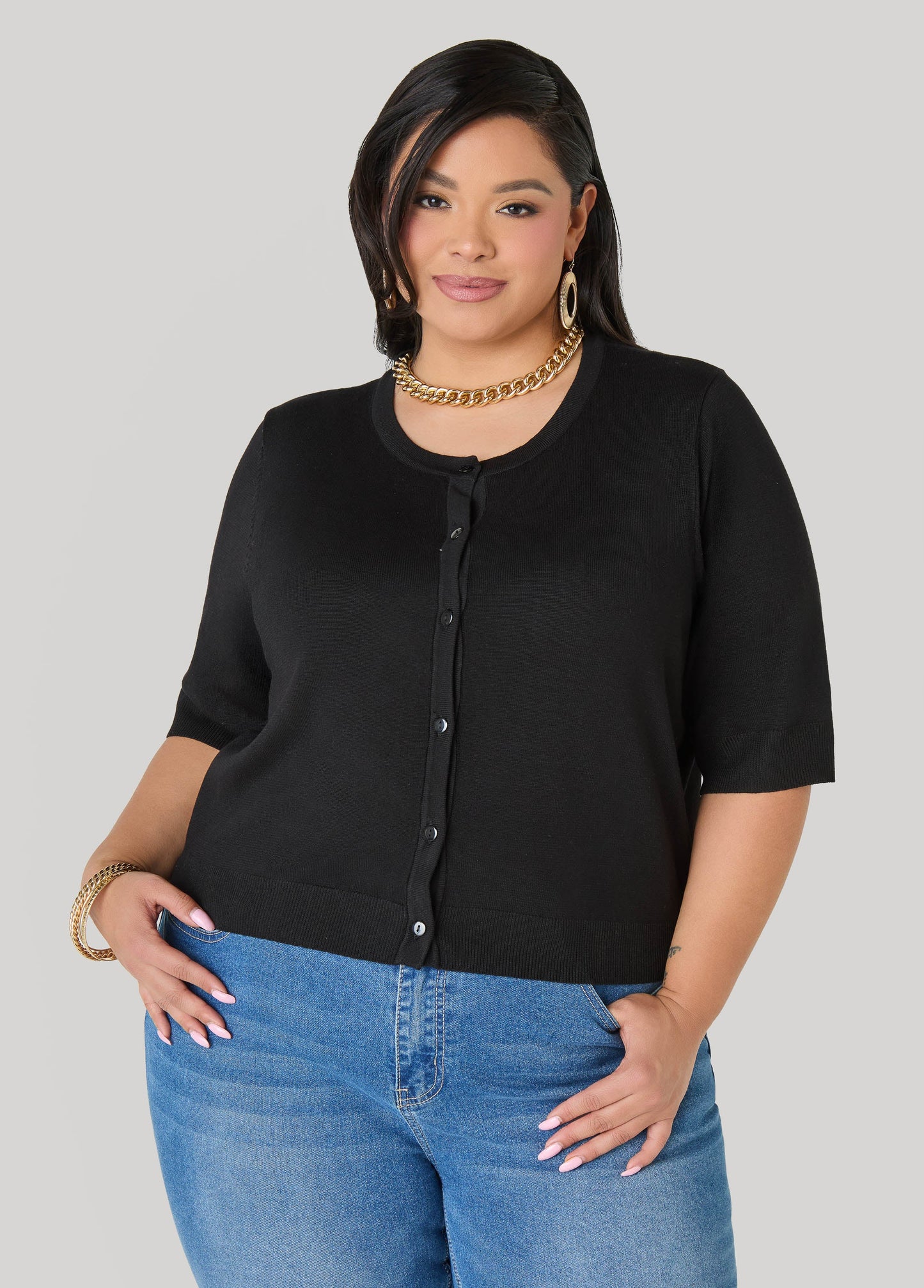 Ashley Stewart Cropped Knit Cardigan White