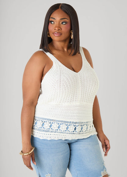 Ashley Stewart Crochet V Neck Top White