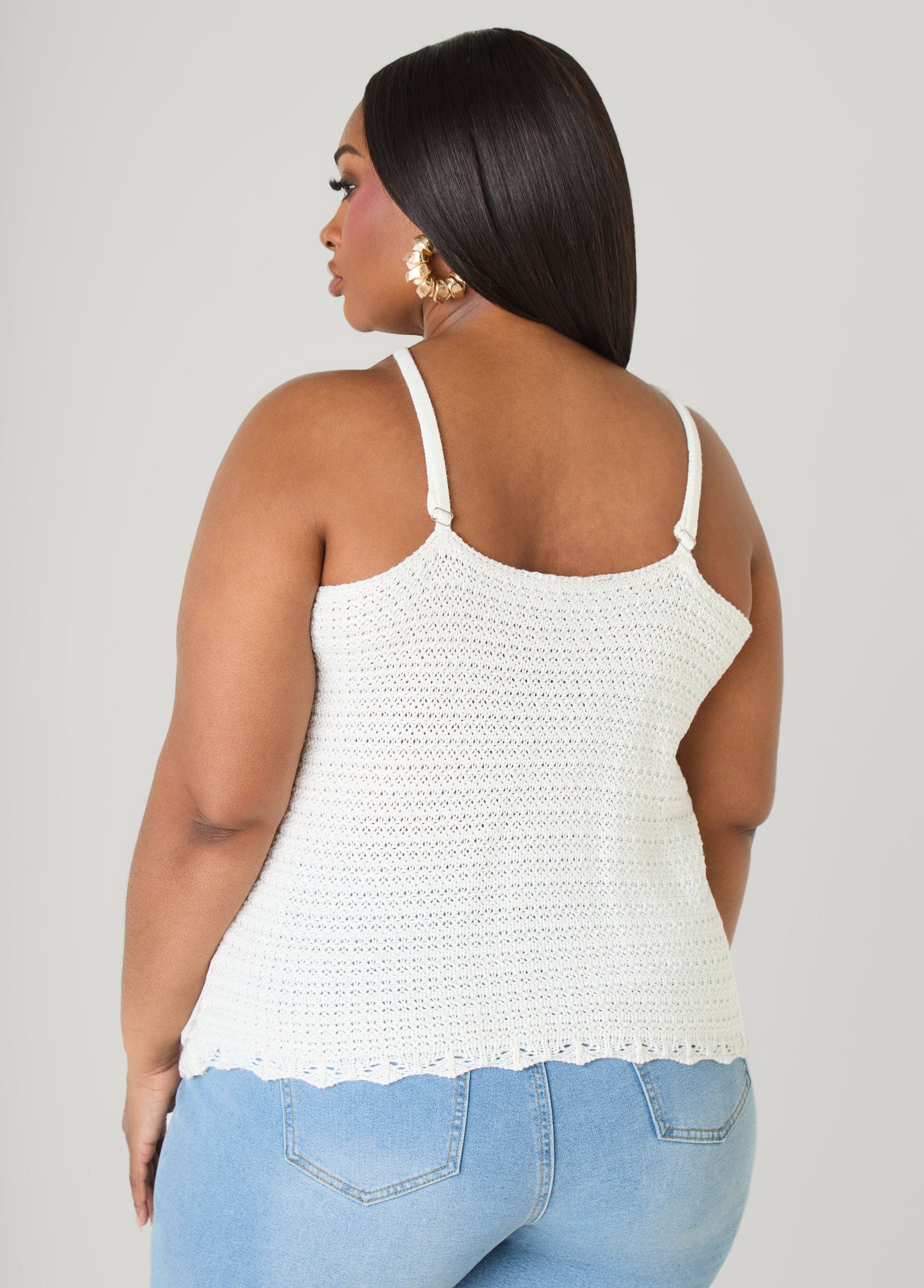 Ashley Stewart Crochet V Neck Top White