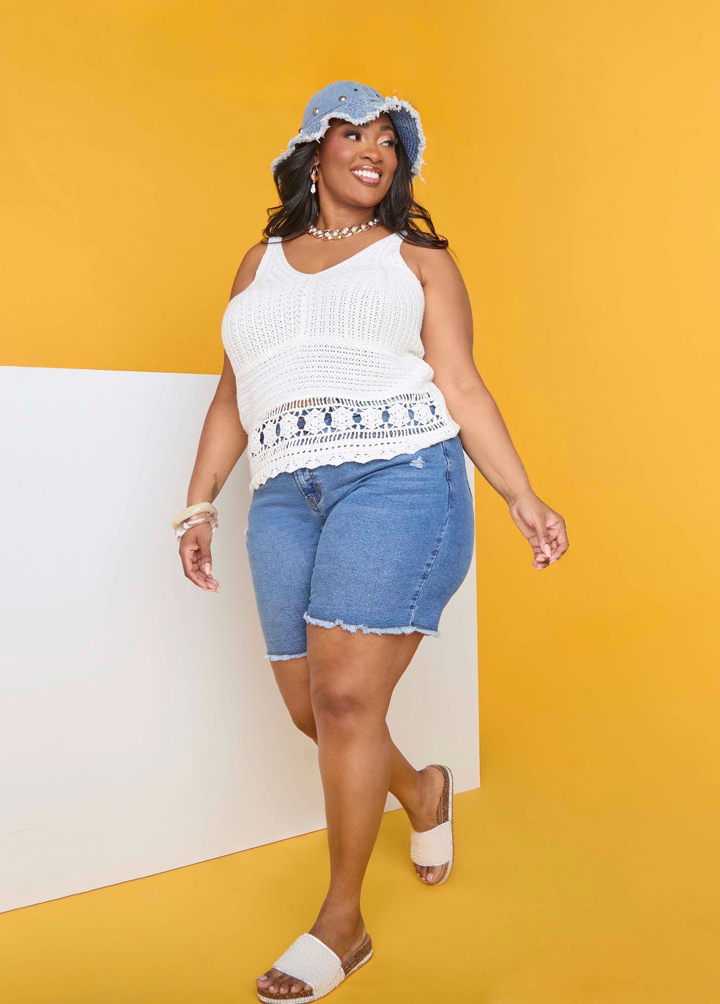 Ashley Stewart Crochet V Neck Top White