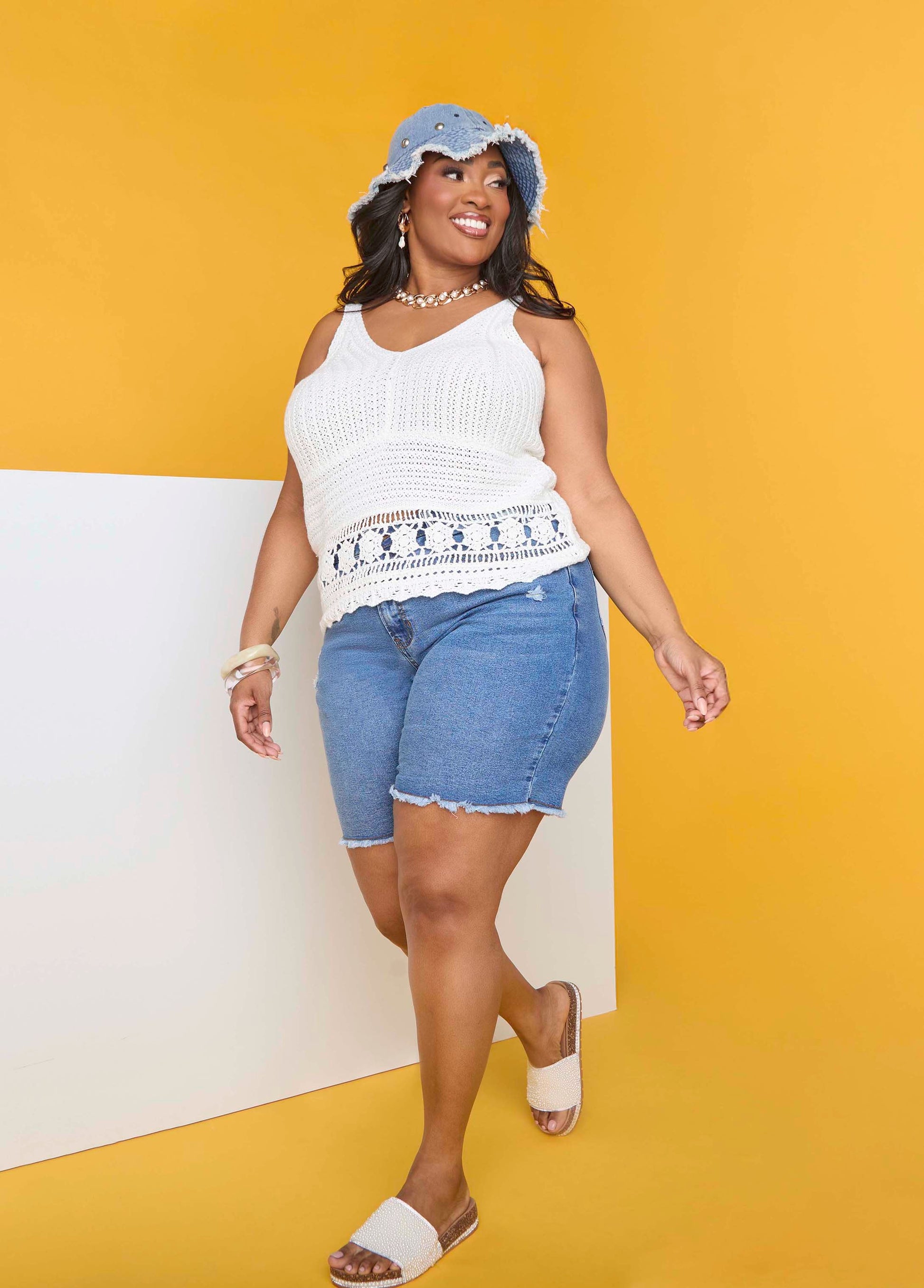 Ashley Stewart Crochet V Neck Top White