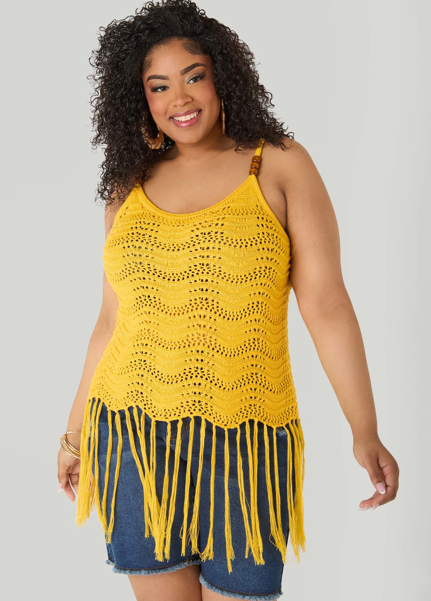 Ashley Stewart Beaded Crochet Top Spectra Yellow