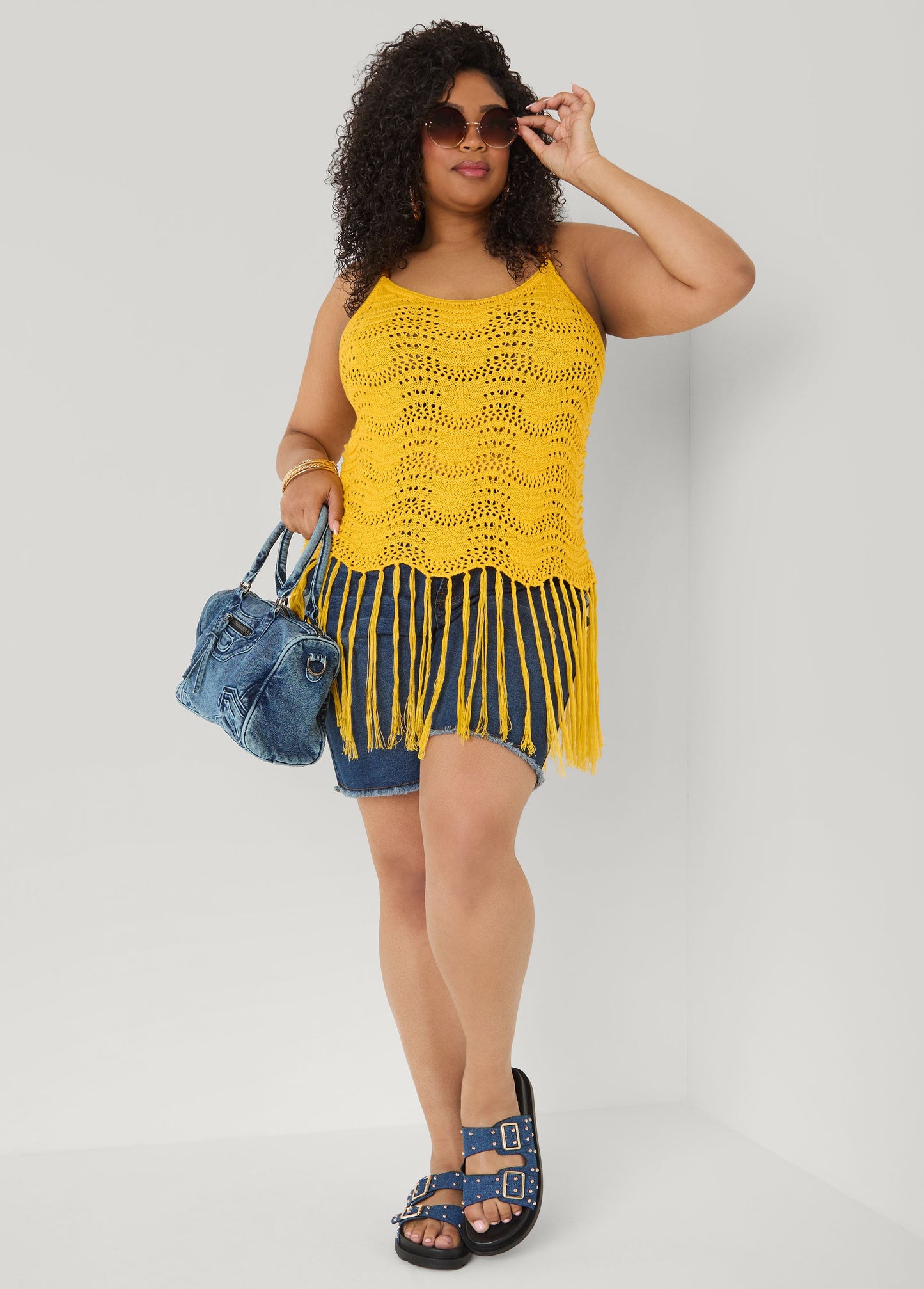 Ashley Stewart Beaded Crochet Top Spectra Yellow
