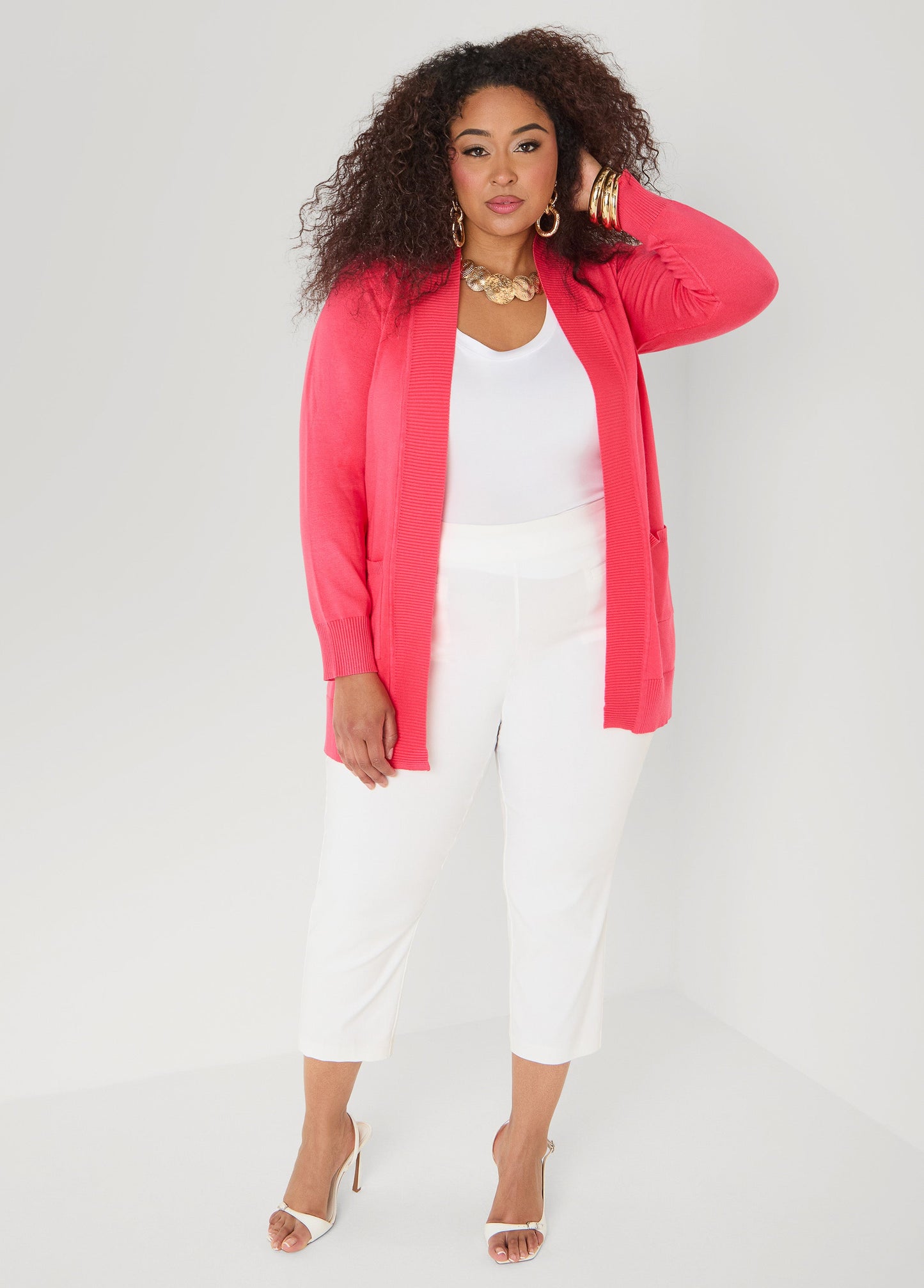 Ashley Stewart Open Front Cardigan Calypso Coral