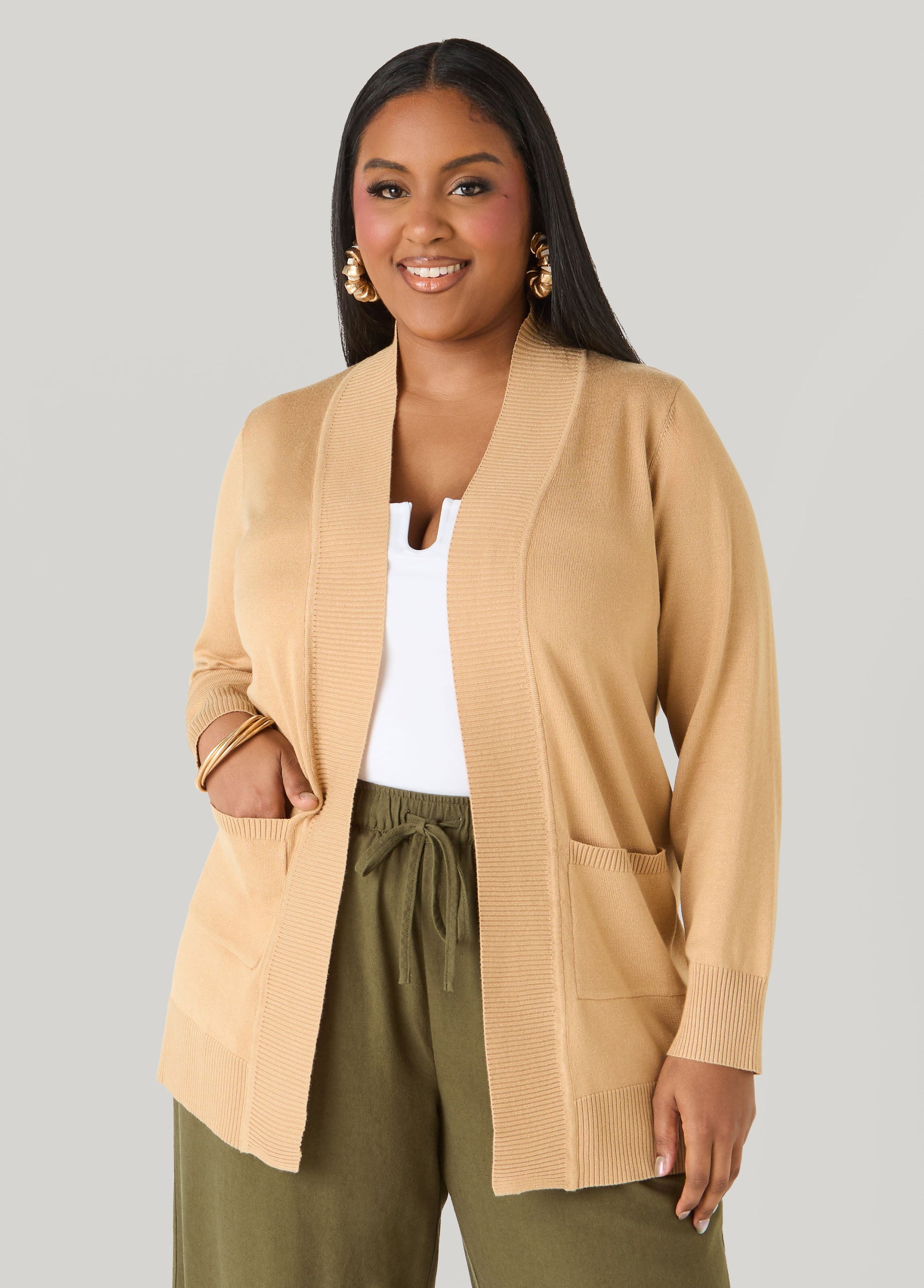 Ashley Stewart Open Front Cardigan Calypso Coral