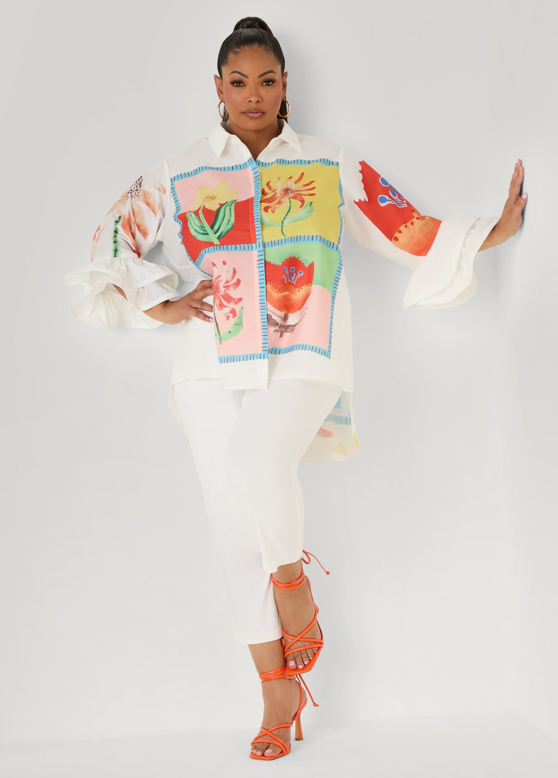 Ashley Stewart Ruffled Amore Hi Low Shirt Multi