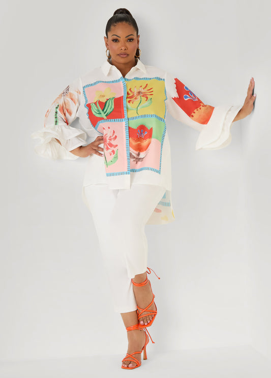 Ashley Stewart Ruffled Amore Hi Low Shirt Multi
