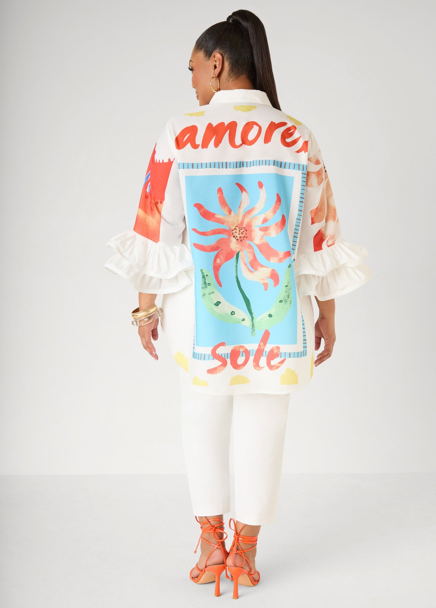 Ashley Stewart Ruffled Amore Hi Low Shirt Multi