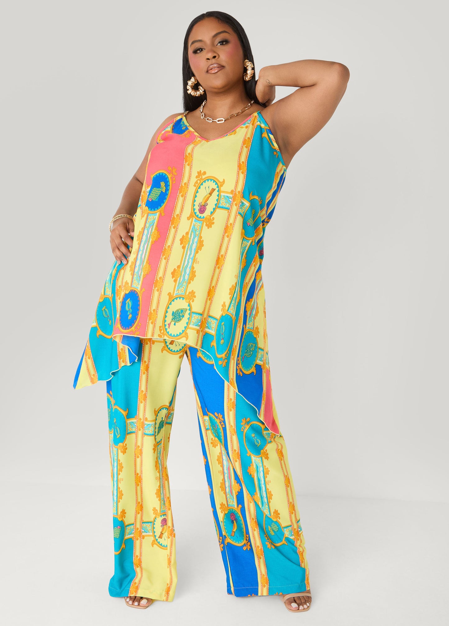 Ashley Stewart Chain Trimmed Scarf Print Top Multi
